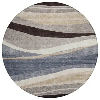 8' Blue Brown And Beige Round Abstract Washable Indoor Outdoor Area Rug