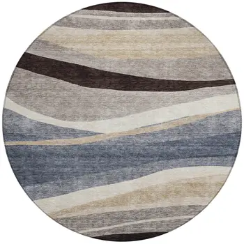 8' Blue Brown And Beige Round Abstract Washable Indoor Outdoor Area Rug