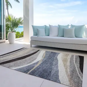 8' X 10' Blue Brown And Beige Abstract Washable Indoor Outdoor Area Rug