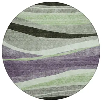 8' Purple And Green Round Abstract Washable Indoor Outdoor Area Rug