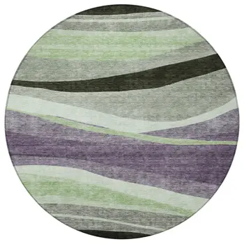 8' Purple And Green Round Abstract Washable Indoor Outdoor Area Rug