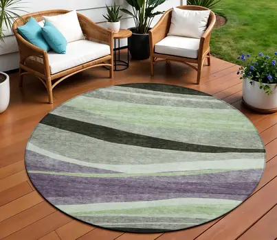 8' Purple And Green Round Abstract Washable Indoor Outdoor Area Rug