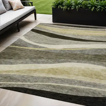 5' X 8' Taupe Gray And Black Abstract Washable Indoor Outdoor Area Rug