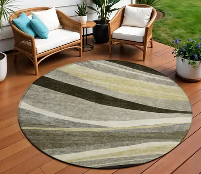 8' Taupe Gray And Black Round Abstract Washable Indoor Outdoor Area Rug