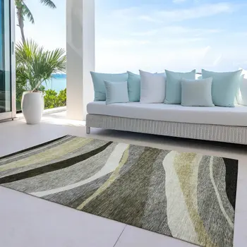 8' X 10' Taupe Gray And Black Abstract Washable Indoor Outdoor Area Rug