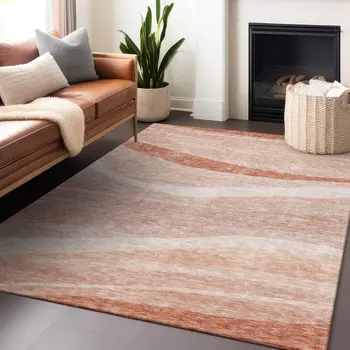 9' X 12' Salmon And Pink Abstract Washable Indoor Outdoor Area Rug