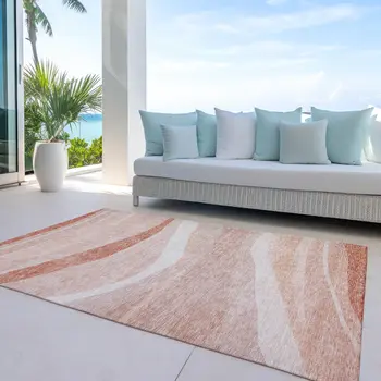 10' X 14' Salmon And Pink Abstract Washable Indoor Outdoor Area Rug