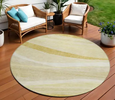 8' Wheat And Ivory Round Abstract Washable Indoor Outdoor Area Rug
