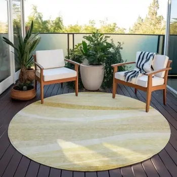 8' Wheat And Ivory Round Abstract Washable Indoor Outdoor Area Rug