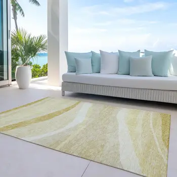 9' X 12' Wheat And Ivory Abstract Washable Indoor Outdoor Area Rug