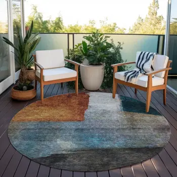 8' Copper Green And Gray Round Abstract Washable Indoor Outdoor Area Rug