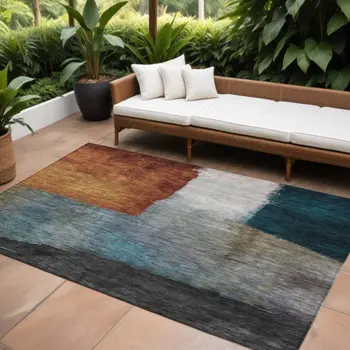 8' X 10' Copper Green And Gray Abstract Washable Indoor Outdoor Area Rug