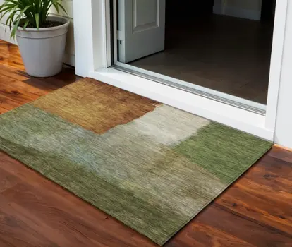 3' X 5' Green Copper And Beige Abstract Washable Indoor Outdoor Area Rug