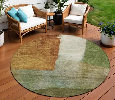 8' Green Copper And Beige Round Abstract Washable Indoor Outdoor Area Rug