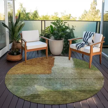 8' Green Copper And Beige Round Abstract Washable Indoor Outdoor Area Rug