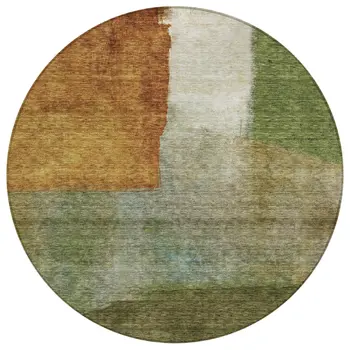 8' Green Copper And Beige Round Abstract Washable Indoor Outdoor Area Rug
