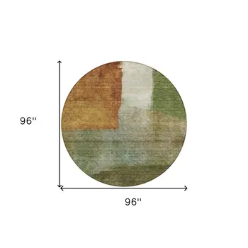 8' Green Copper And Beige Round Abstract Washable Indoor Outdoor Area Rug