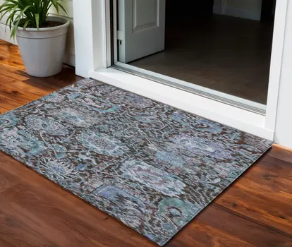 3' X 5' Chocolate And Aqua Damask Washable Indoor Outdoor Area Rug