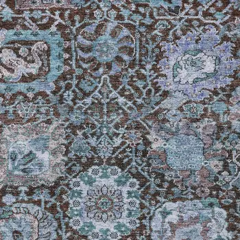 3' X 5' Chocolate And Aqua Damask Washable Indoor Outdoor Area Rug