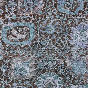 5' X 8' Chocolate And Aqua Damask Washable Indoor Outdoor Area Rug
