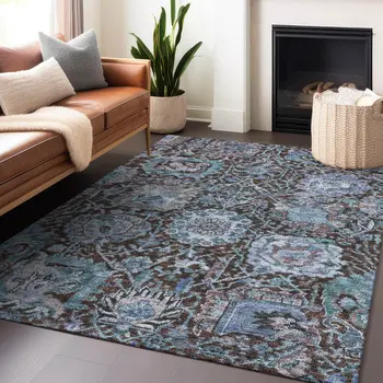5' X 8' Chocolate And Aqua Damask Washable Indoor Outdoor Area Rug