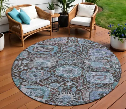 8' Chocolate And Aqua Round Damask Washable Indoor Outdoor Area Rug