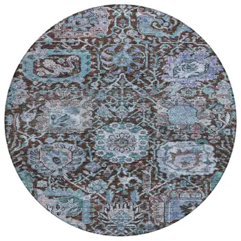 8' Chocolate And Aqua Round Damask Washable Indoor Outdoor Area Rug