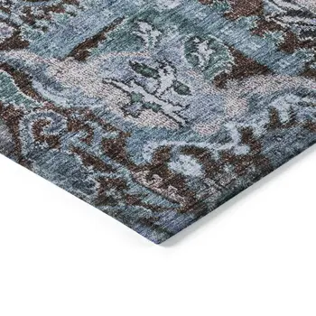 8' Chocolate And Aqua Round Damask Washable Indoor Outdoor Area Rug