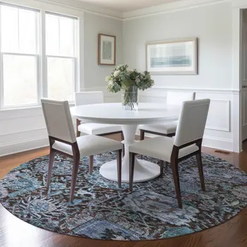 8' Chocolate And Aqua Round Damask Washable Indoor Outdoor Area Rug
