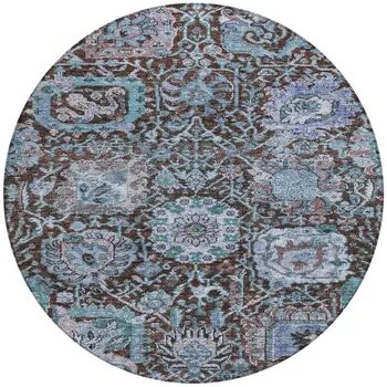 8' Chocolate And Aqua Round Damask Washable Indoor Outdoor Area Rug