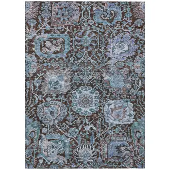 8' X 10' Chocolate And Aqua Damask Washable Indoor Outdoor Area Rug