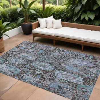 9' X 12' Chocolate And Aqua Damask Washable Indoor Outdoor Area Rug