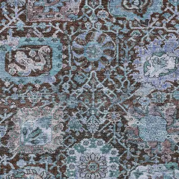 9' X 12' Chocolate And Aqua Damask Washable Indoor Outdoor Area Rug