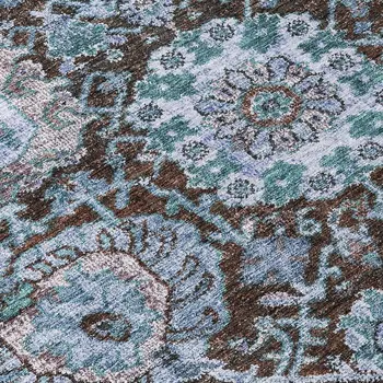 9' X 12' Chocolate And Aqua Damask Washable Indoor Outdoor Area Rug