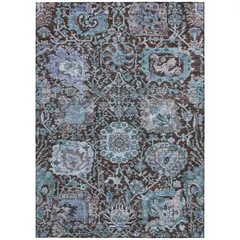 10' X 14' Chocolate And Aqua Damask Washable Indoor Outdoor Area Rug