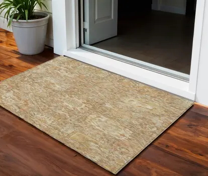 3' X 5' Khaki And Brown Damask Washable Indoor Outdoor Area Rug