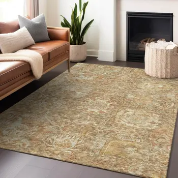 3' X 5' Khaki And Brown Damask Washable Indoor Outdoor Area Rug