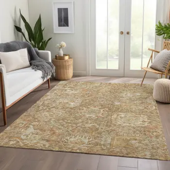 3' X 5' Khaki And Brown Damask Washable Indoor Outdoor Area Rug