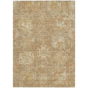 5' X 8' Khaki And Brown Damask Washable Indoor Outdoor Area Rug