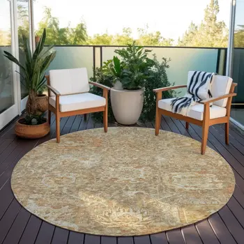 8' Khaki And Brown Round Damask Washable Indoor Outdoor Area Rug