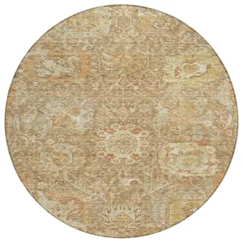 8' Khaki And Brown Round Damask Washable Indoor Outdoor Area Rug