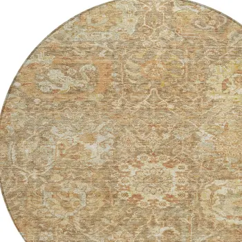 8' Khaki And Brown Round Damask Washable Indoor Outdoor Area Rug