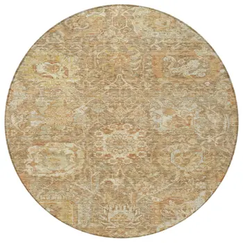 8' Khaki And Brown Round Damask Washable Indoor Outdoor Area Rug