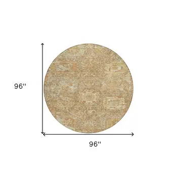 8' Khaki And Brown Round Damask Washable Indoor Outdoor Area Rug