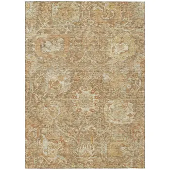 8' X 10' Khaki And Brown Damask Washable Indoor Outdoor Area Rug
