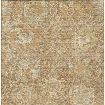 9' X 12' Khaki And Brown Damask Washable Indoor Outdoor Area Rug