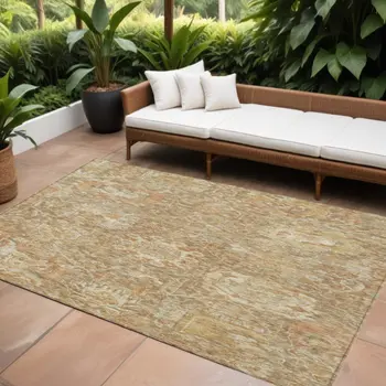 10' X 14' Khaki And Brown Damask Washable Indoor Outdoor Area Rug
