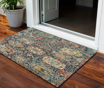 3' X 5' Navy Blue Terra Cotta And Beige Damask Washable Indoor Outdoor Area Rug