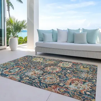 3' X 5' Navy Blue Terra Cotta And Beige Damask Washable Indoor Outdoor Area Rug