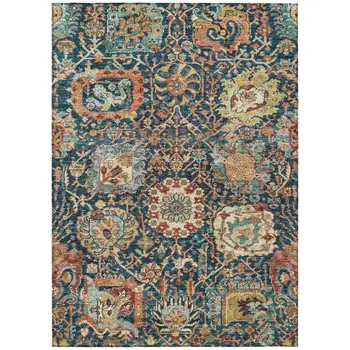 3' X 5' Navy Blue Terra Cotta And Beige Damask Washable Indoor Outdoor Area Rug